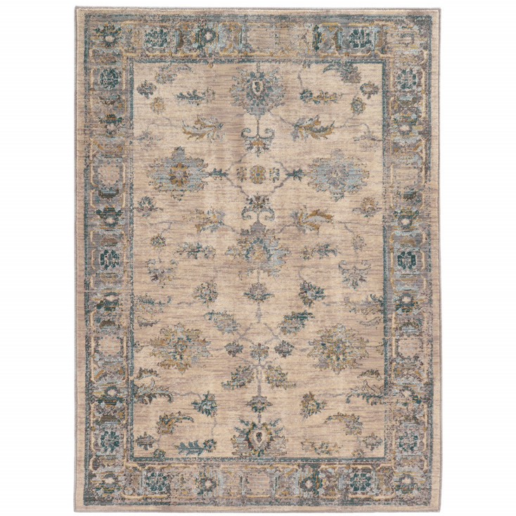 5' x 8' Ivory Blue Gold and Grey Oriental Power Loom Stain Resistant Area Rug