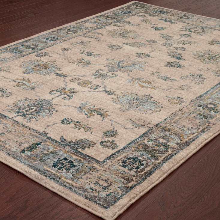 5' x 8' Ivory Blue Gold and Grey Oriental Power Loom Stain Resistant Area Rug