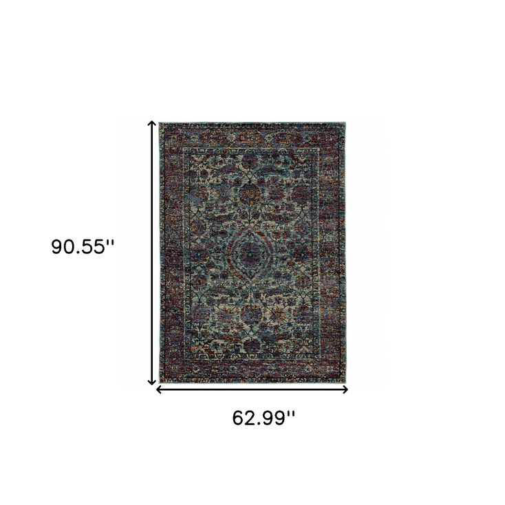 5' x 8' Blue and Purple Oriental Power Loom Stain Resistant Area Rug