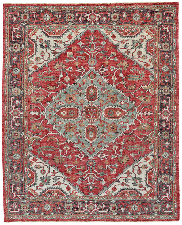 5' x 8' Red Gray and Ivory Wool Floral Hand Knotted Distressed Area Rug with Fringe