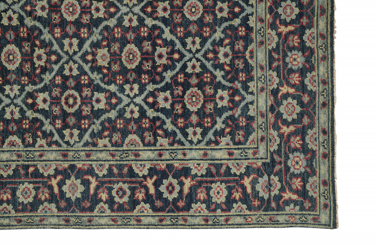 5' x 8' Blue Green and Red Wool Floral Hand Knotted Distressed Area Rug with Fringe