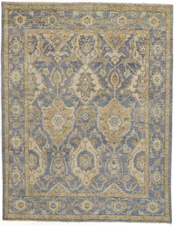 5' x 8' Blue Gold and Tan Wool Floral Hand Knotted Stain Resistant Area Rug with Fringe