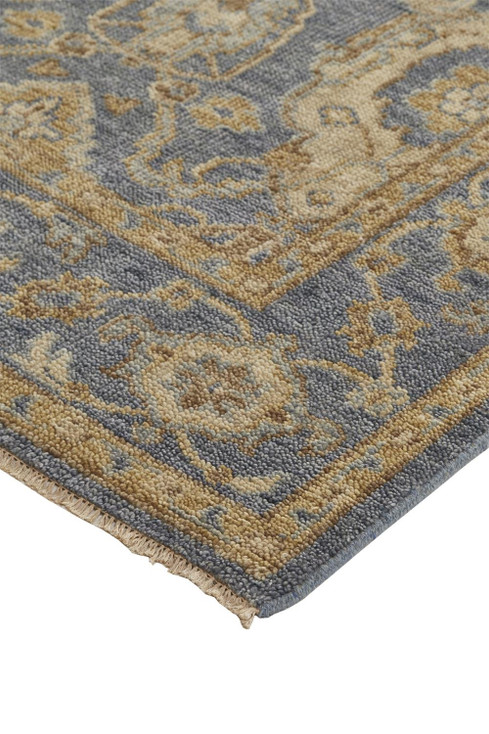 5' x 8' Blue Gold and Tan Wool Floral Hand Knotted Stain Resistant Area Rug with Fringe