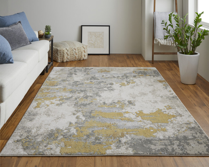 5' x 8' Ivory Gold & Gray Abstract Stain Resistant Area Rug