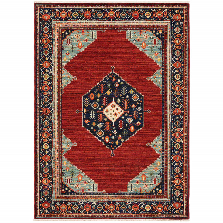 5' x 8' Red Blue Orange and Ivory Oriental Power Loom Stain Resistant Area Rug