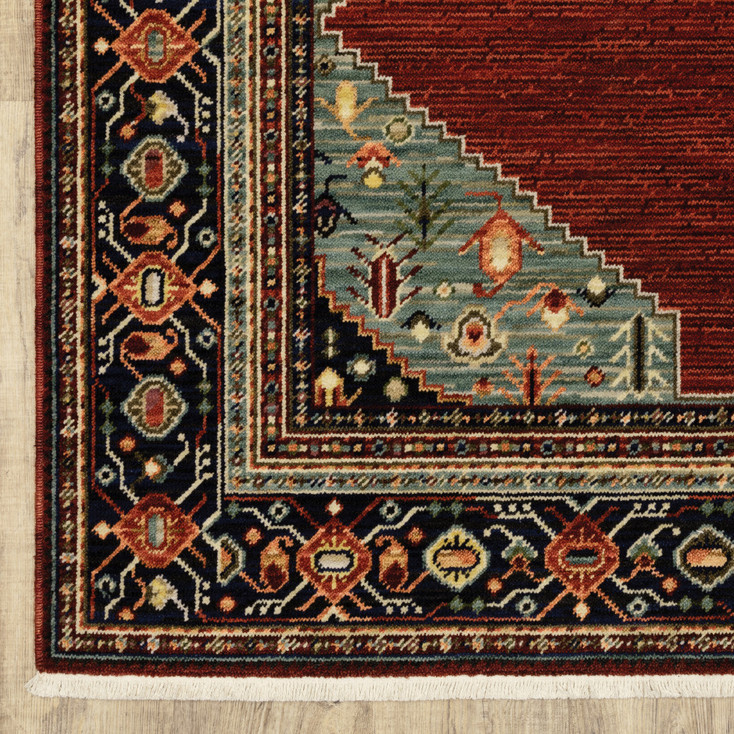 5' x 8' Red Blue Orange and Ivory Oriental Power Loom Stain Resistant Area Rug