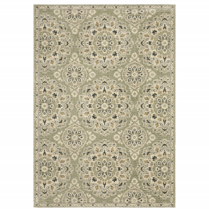 5' x 8' Green Ivory Grey and Tan Floral Power Loom Stain Resistant Area Rug