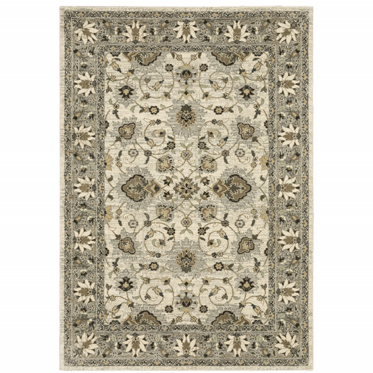 5' x 8' Beige Grey Brown and Charcoal Oriental Power Loom Stain Resistant Area Rug