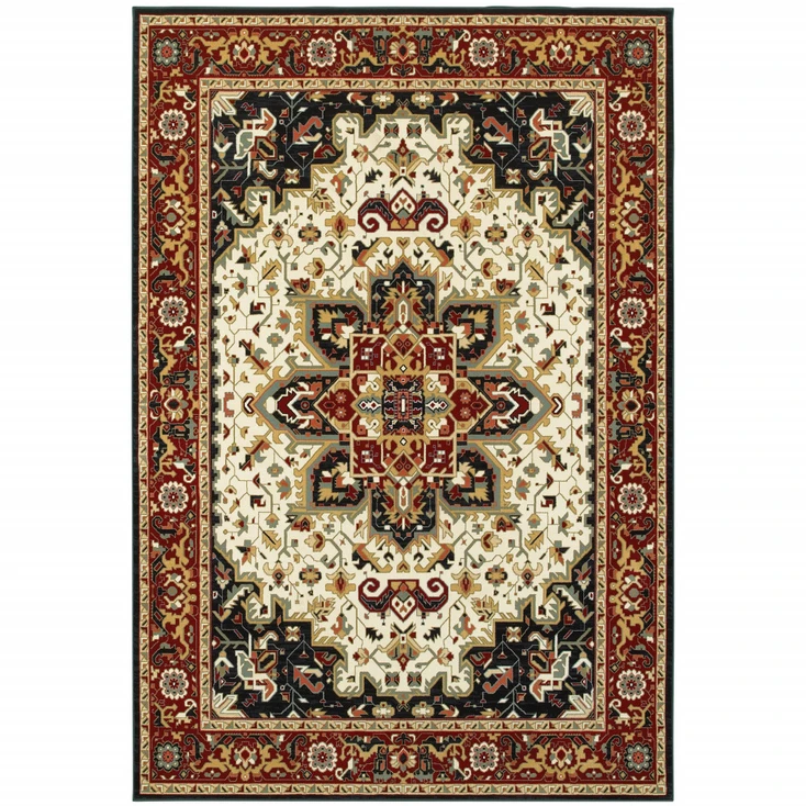 5' x 8' Red and Ivory Oriental Power Loom Stain Resistant Area Rug