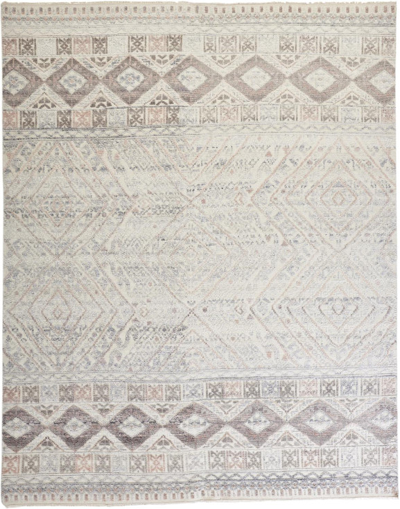 5' x 8' Gray Ivory and Pink Geometric Hand Knotted Area Rug