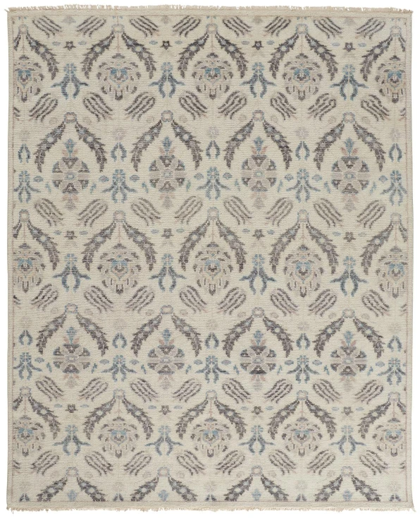 5' x 8' Ivory Gray and Blue Wool Floral Hand Knotted Stain Resistant Area Rug