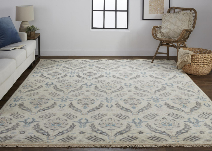5' x 8' Ivory Gray and Blue Wool Floral Hand Knotted Stain Resistant Area Rug