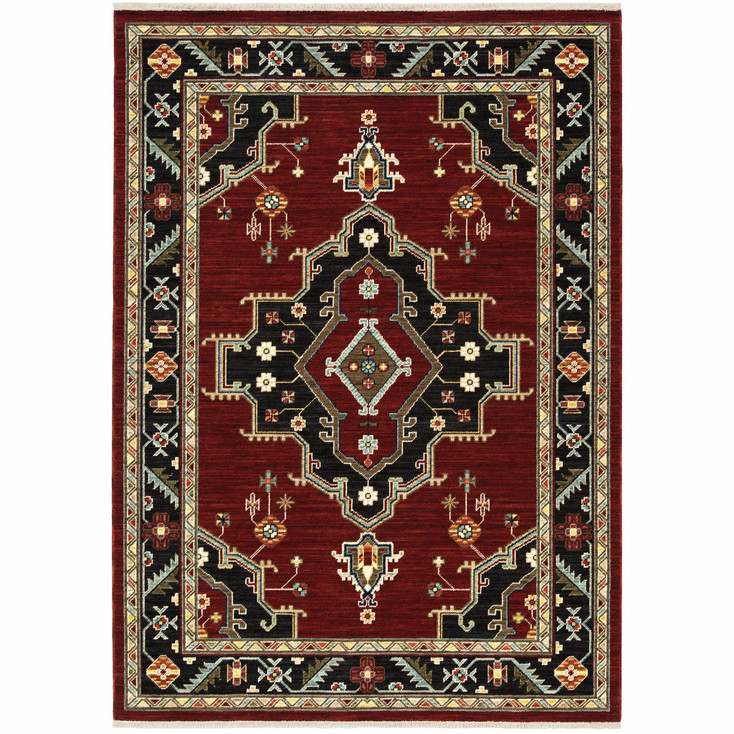 5' x 8' Red Black Beige and Blue Oriental Power Loom Stain Resistant Area Rug with Fringe