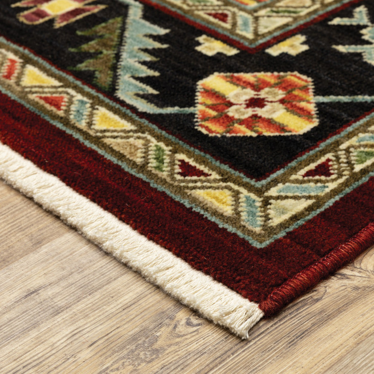 5' x 8' Red Black Beige and Blue Oriental Power Loom Stain Resistant Area Rug with Fringe