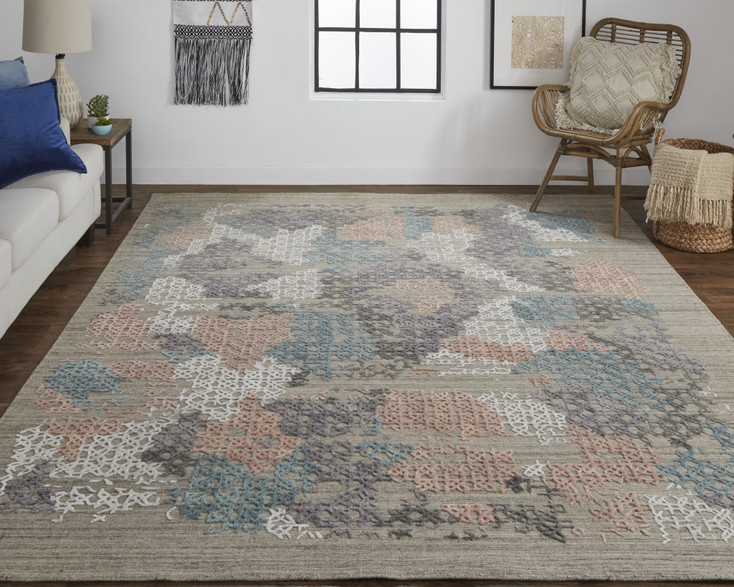 5' x 8' Pink Blue and Taupe Abstract Hand Woven Area Rug