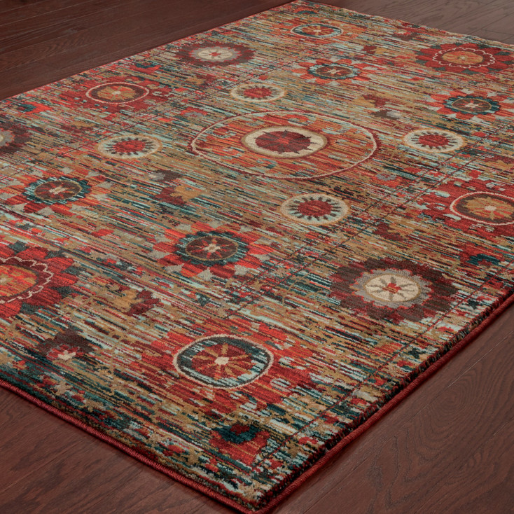 5' x 8' Red Gold Orange Green Ivory Rust and Blue Floral Power Loom Area Rug