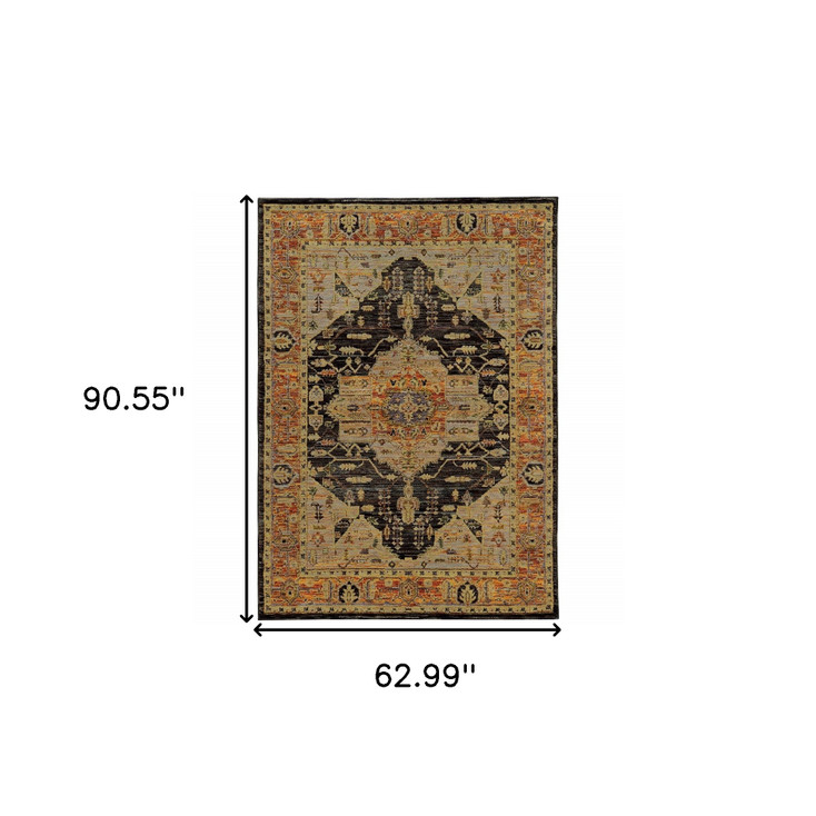 5' x 8' Gold Brown Grey Rust Green & Purple Oriental Power Loom Stain Resistant Area Rug