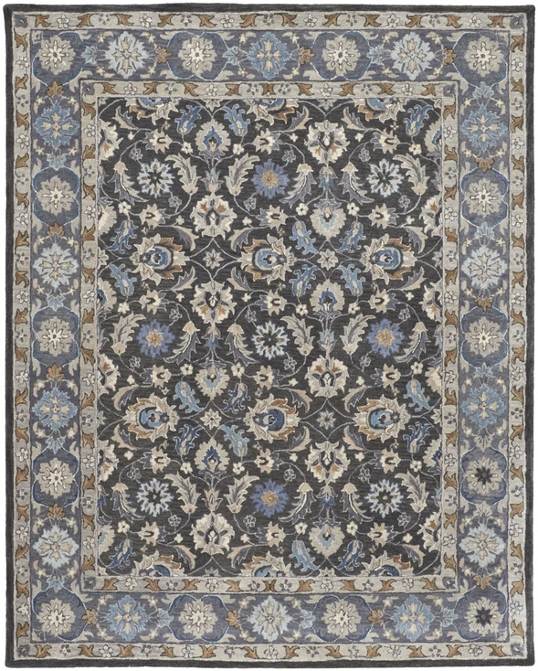 5' x 8' Taupe Blue and Ivory Wool Floral Tufted Handmade Stain Resistant Area Rug