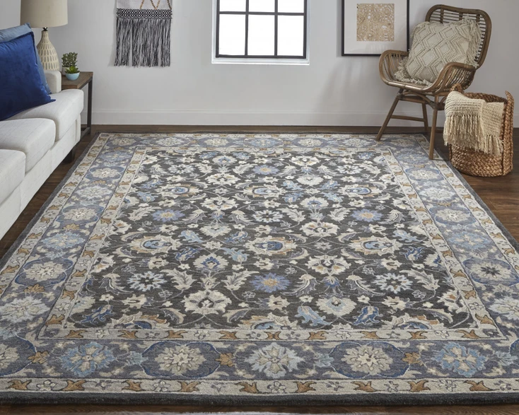 5' x 8' Taupe Blue and Ivory Wool Floral Tufted Handmade Stain Resistant Area Rug