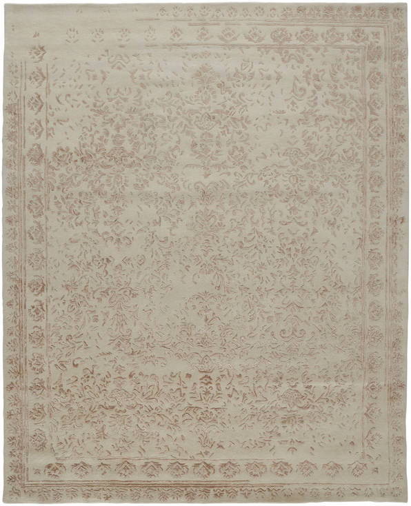 5' x 8' Ivory Tan and Pink Wool Floral Tufted Handmade Distressed Area Rug