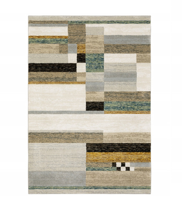 5' x 8' Beige Gold Black Grey Tan Teal and Rust Geometric Power Loom Area Rug
