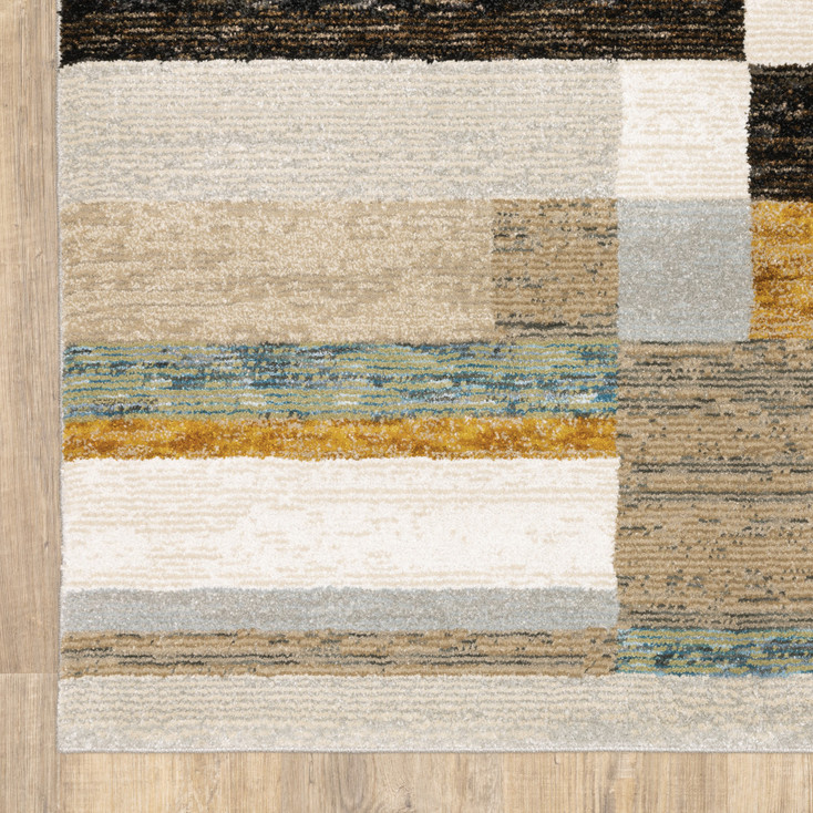 5' x 8' Beige Gold Black Grey Tan Teal and Rust Geometric Power Loom Area Rug