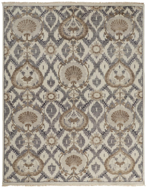 5' x 8' Ivory Gray and Taupe Wool Floral Hand Knotted Stain Resistant Area Rug