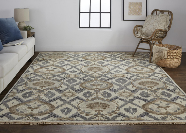 5' x 8' Ivory Gray and Taupe Wool Floral Hand Knotted Stain Resistant Area Rug