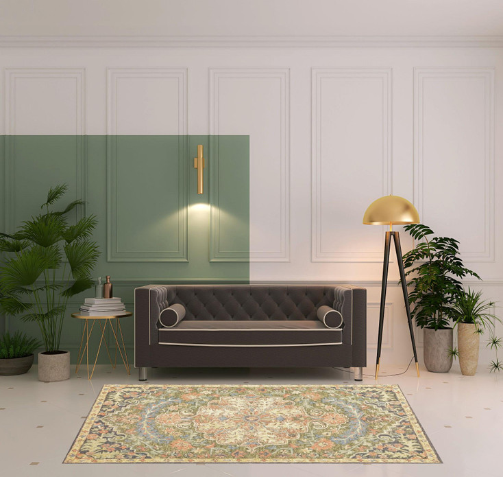 5' x 8' Blue Green Clay and Gold Oriental Tufted Handmade Stain Resistant Area Rug