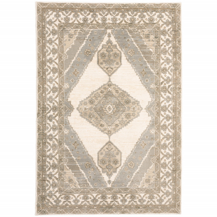 5' x 8' Beige and Ivory Oriental Power Loom Stain Resistant Area Rug