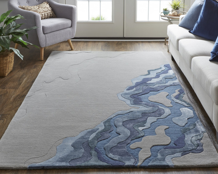 5' x 8' Gray Taupe and Blue Wool Abstract Tufted Handmade Area Rug