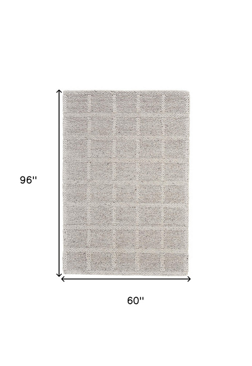 5' x 8' Ivory and Gray Wool Plaid Hand Woven Stain Resistant Area Rug