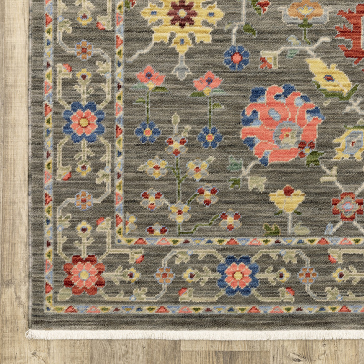 5' x 8' Grey Salmon Pink Gold Blue Rust Deep Blue Ivory & Green Oriental Power Loom Rug