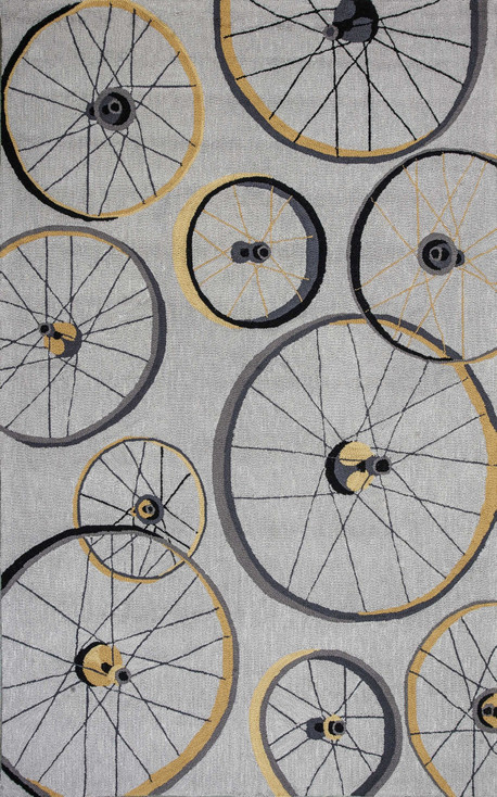 5' x 8' Grey Hand Hooked Wheels Indoor Area Rug