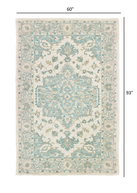 5' x 8' Turquoise and Cream Medallion Area Rug