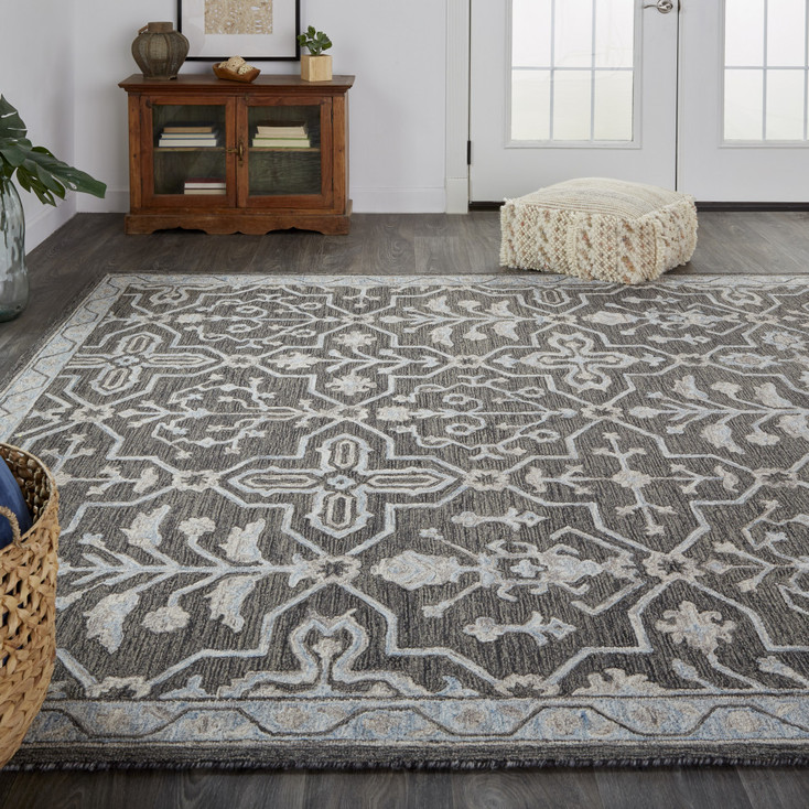 5' x 8' Gray Blue and Ivory Wool Floral Tufted Handmade Stain Resistant Area Rug