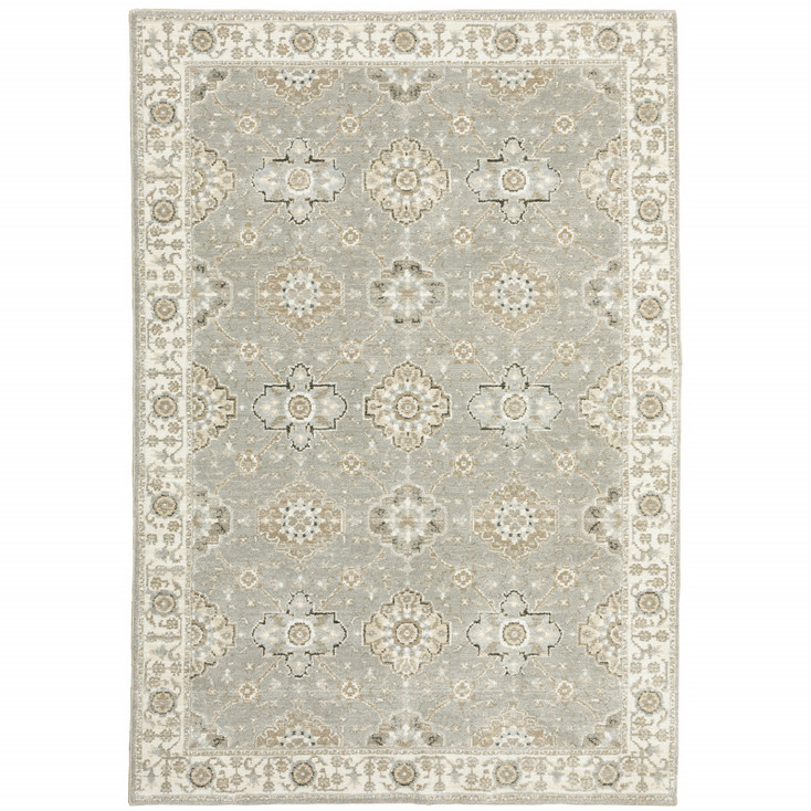 5' x 8' Grey Ivory Tan Brown and Gold Oriental Power Loom Stain Resistant Area Rug