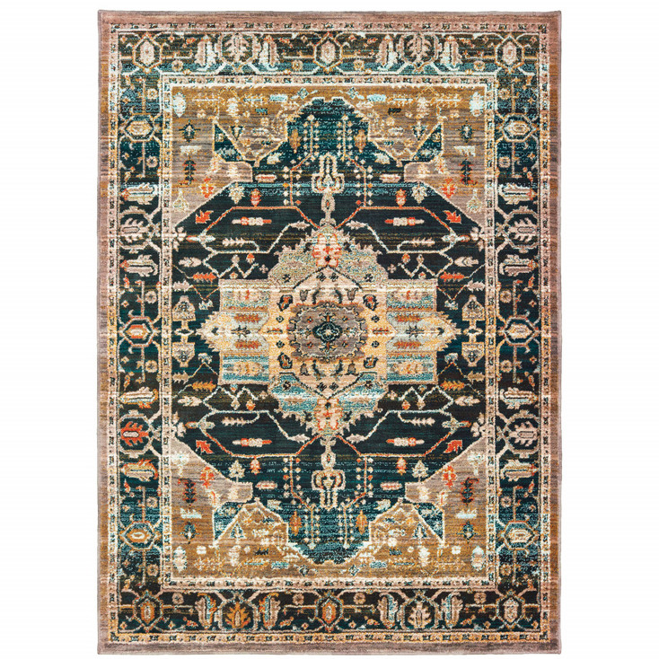 5' x 8' Blue Gold Grey Orange Ivory and Teal Oriental Power Loom Stain Resistant Area Rug