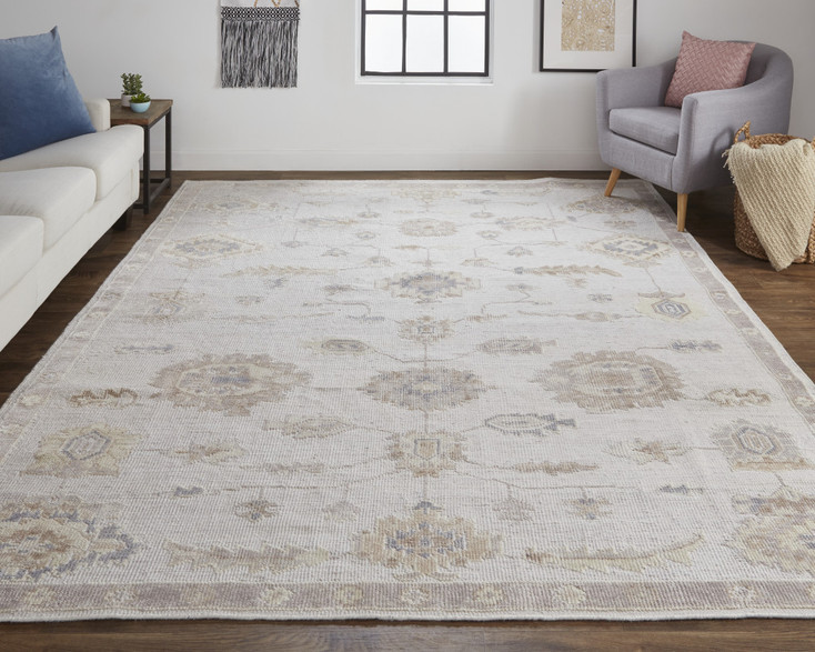 5' x 8' Ivory and Orange Floral Hand Knotted Stain Resistant Area Rug