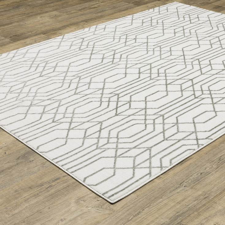 5' x 8' White & Grey Geometric Power Loom Stain Resistant Area Rug