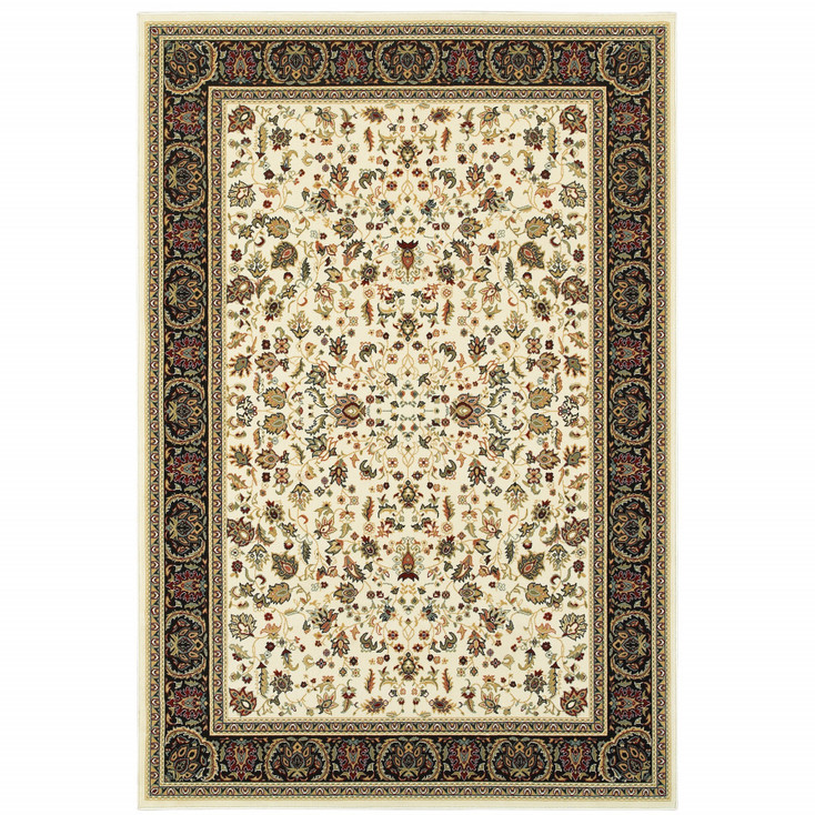5' x 8' Ivory and Black Oriental Power Loom Stain Resistant Area Rug