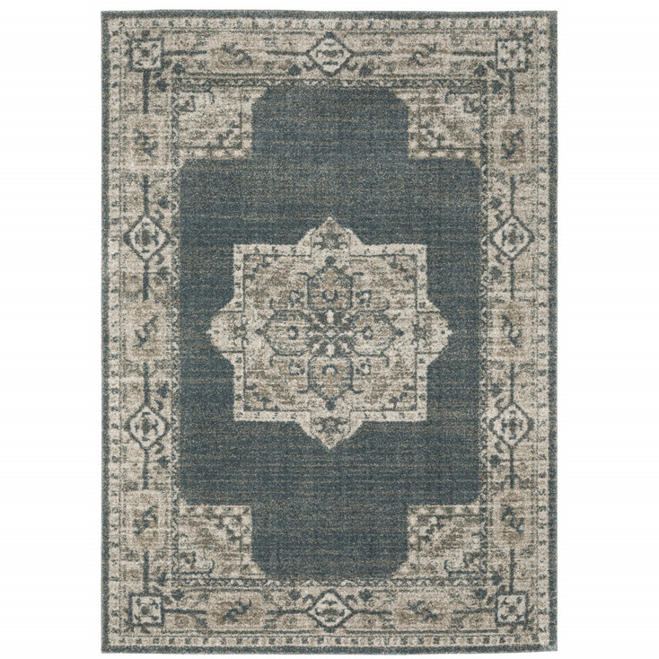 5' x 8' Blue and Beige Oriental Power Loom Stain Resistant Area Rug