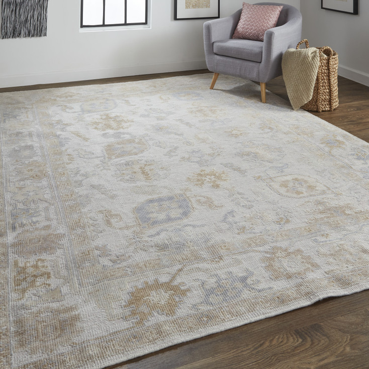 5' x 8' Ivory and Tan Floral Hand Knotted Stain Resistant Area Rug