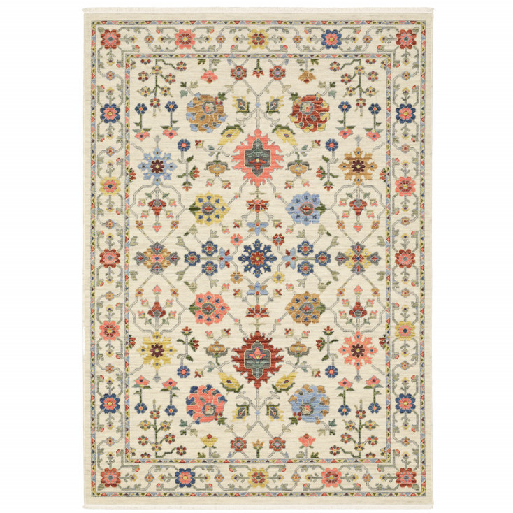 5' x 8' Ivory Salmon Pink Gold Blues Grey Rust and Green Oriental Power Loom Area Rug