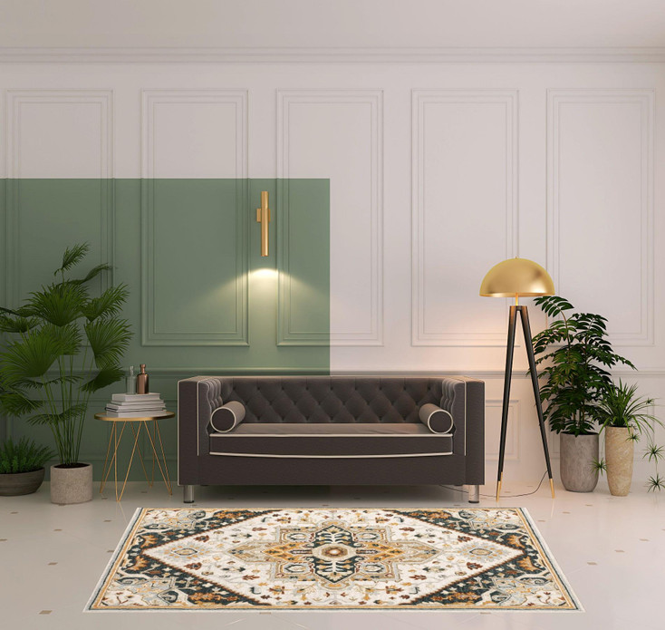 5' x 8' Ivory Charcoal Gold Clay and Muted Blue Oriental Tufted Handmade Area Rug