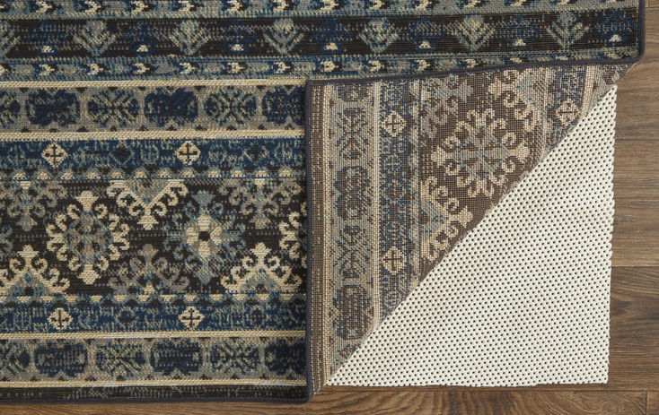5' x 8' Blue Tan and Black Geometric Power Loom Distressed Stain Resistant Area Rug