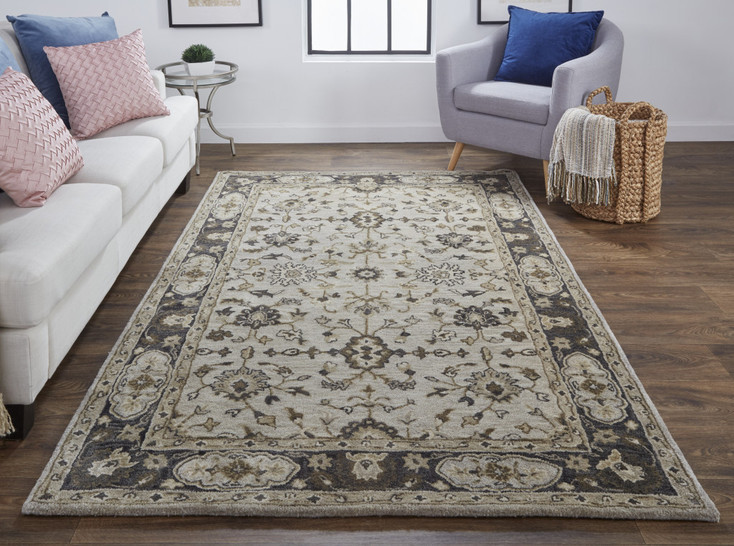 5' x 8' Gray Ivory and Taupe Wool Floral Tufted Handmade Stain Resistant Area Rug