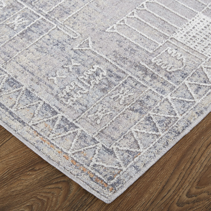 5' x 8' Gray Ivory and Orange Geometric Power Loom Distressed Stain Resistant Area Rug