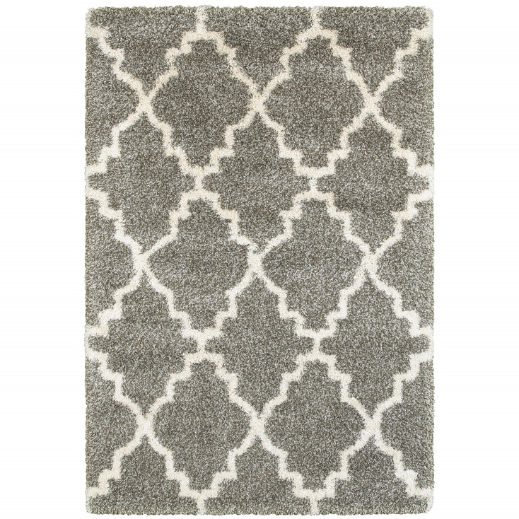 5' x 8' Grey & Ivory Geometric Shag Power Loom Area Rug