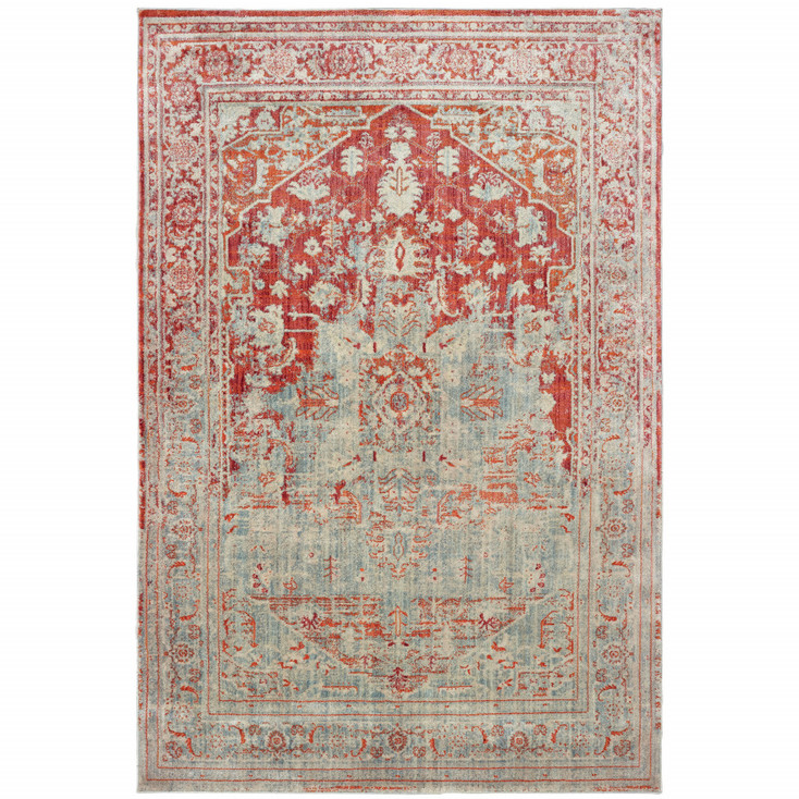 5' x 8' Grey and Orange Oriental Power Loom Stain Resistant Area Rug